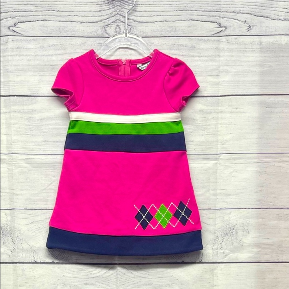 Hartstrings Girls A Line Cap Sleeve Pink Embroidered Argyle Pattern Dress